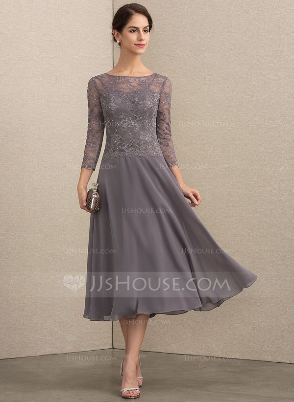 A-Line Scoop Neck Tea-Length Chiffon Lace Mother of the Bride Dress With Sequins A-Line Scoop Neck Tea-Length Chiffon Lace Mother of the Bride Dress With Sequins