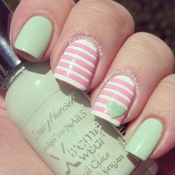 52 Best Nail Designs Images On Pinterest Make Up, Hairstyles And Mint Green with Pink and White Strips with a Mint Green Heart Nail Art Design. - 52 Best Nail Designs Images On Pinterest Make Up, Hairstyles And