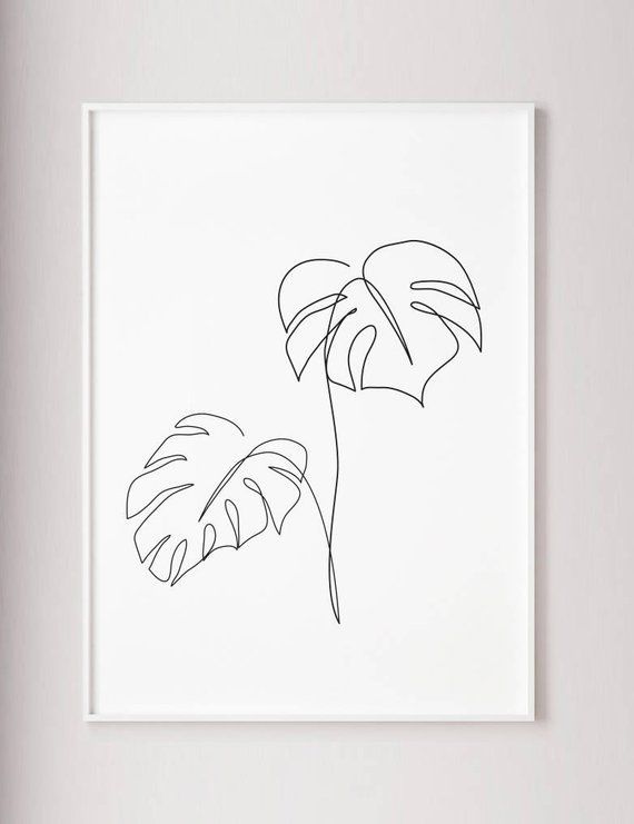 Monstera, dessin au trait, feuilles tropiques, impression botanique abstraite