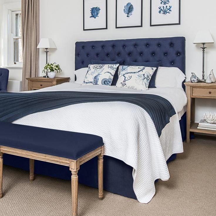 Navy Linen Oned Bedhead Double Queen King Blue Bedroom Decor Hamptons Style Bedrooms Luxury Bedding Sets Navy Linen Oned Bedhead Double, King Linen Bedhead