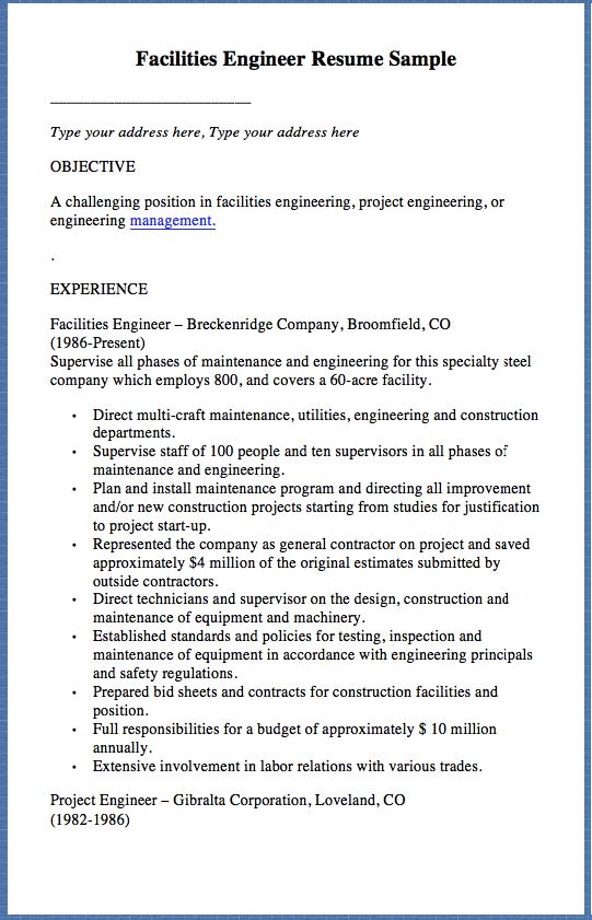 Facilities Engineer Resume Sample Type your address here, Type - sample management engineer resume Facilities Engineer Resume Sample Type your address here, Type - sample management engineer resume