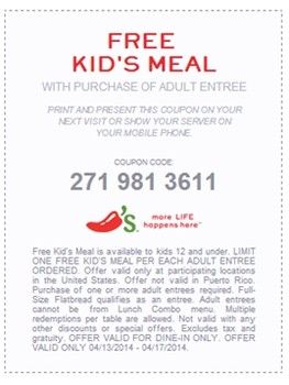 Free kid's meal coupon from Chili's! | meal coupon | Free kids meals, Kids meals, Chili