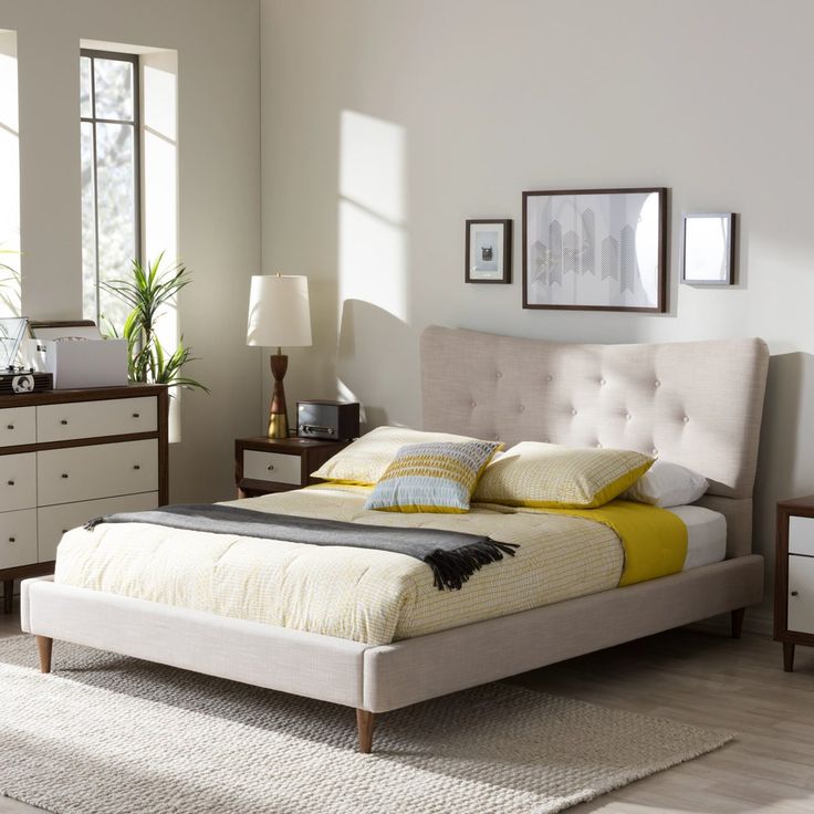 Baxton Studio Hannah Mid Century Modern Beige Linen King Size Platform Minimal Bed Beds Upholstered Baxton Studio Hannah Mid Century Modern, King Linen Platform Bed