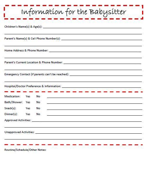 babysitting information sheet kadil carpentersdaughter co babysitter info sheet printable