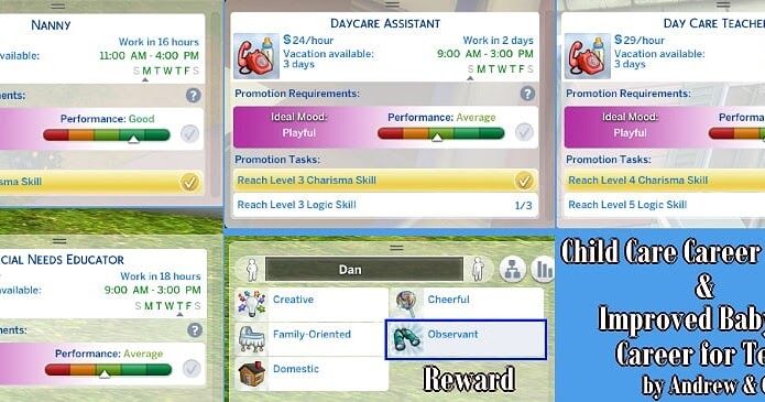 this mod adds a child care career for adults and fixes the teen day care jobs for teens