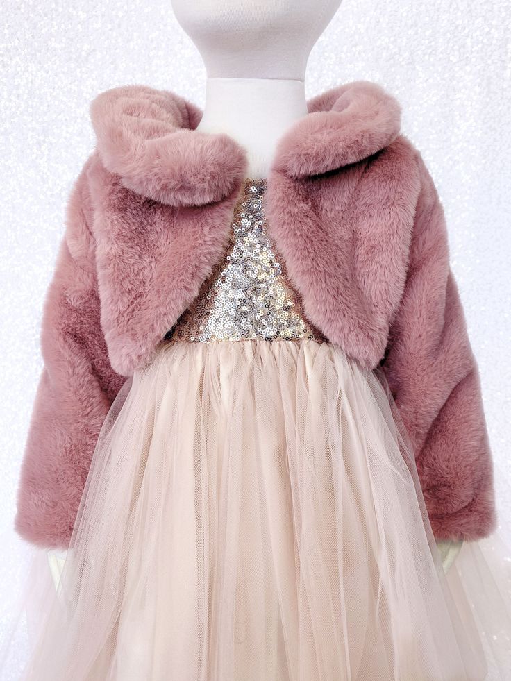 Dusty Rose Pink Long Sleeve Faux Fur Jacket Open Front Collar Coat