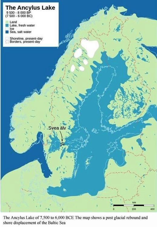 the ancylus lake 9 500 8 000 years before present 500 6 000 bc shows post glacial rebound and shore displacement of the baltic sea based on ernman