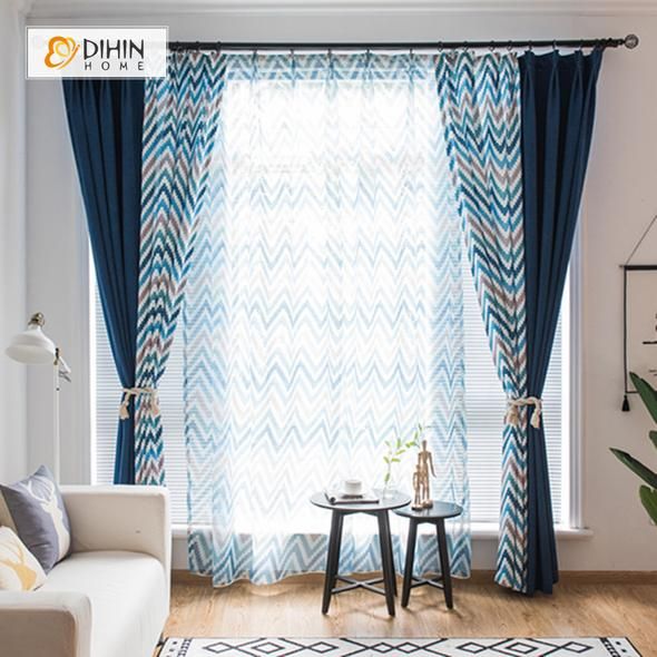 DIHIN HOME Pixel style Blue Brown Stripes Printed,Blackout Grommet Window Curt...