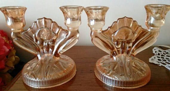 Pretty Iris Carnival Glass Double Candlestick Holders In Iridescent Floragold Color Elegant And Beautiful Carnival Glass Candlesticks Candlestick Holders