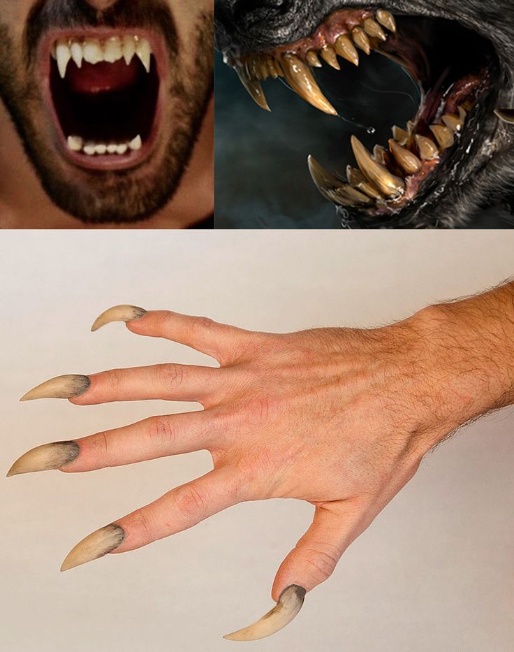 two pictures one with fangs and the other with claws on it's fingers, both showing teeth