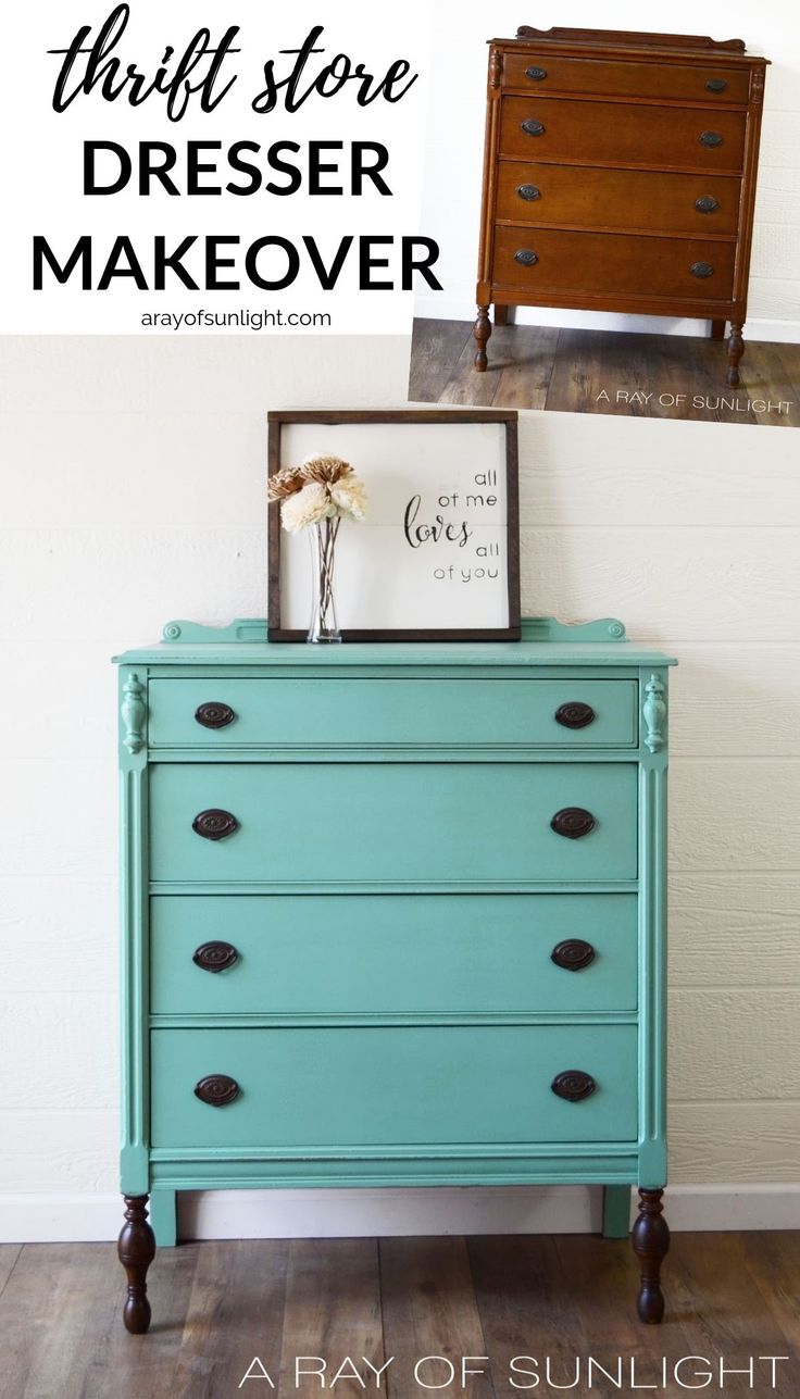 DIY Teal Blue Painted Antique Dresser with Wood Stained Legs Furniture Makeover ...