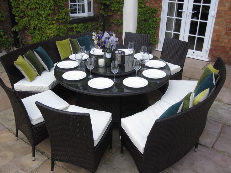Large Round Dining Table Benches And Chairs Rattan Garden Furniture Set Seats 10 Patio With Bench Chairs Rattan Garden Furniture Set, Round Outdoor Dining Table Set For 8