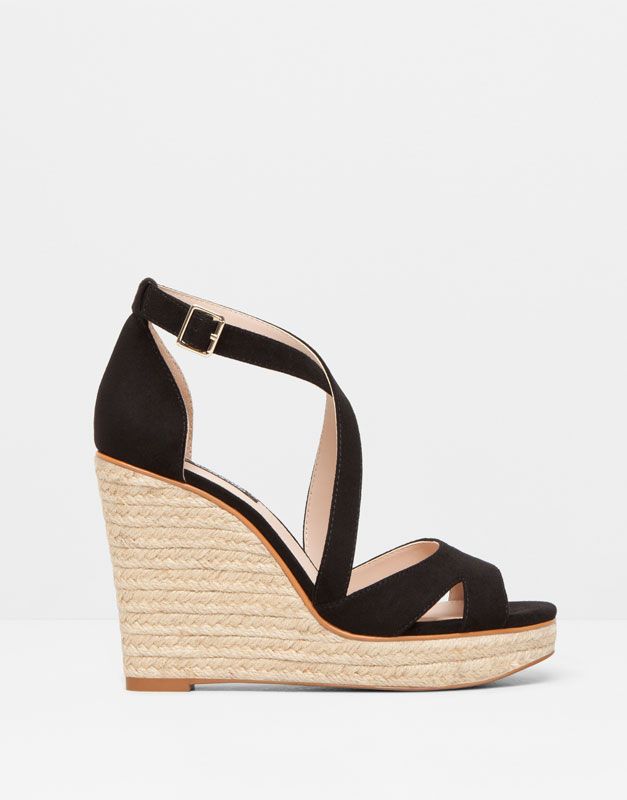 Pull\u0026Bear , chaussures , talons et talons compensés , sandales croisées compensées corde , noir , 11295011,V2015