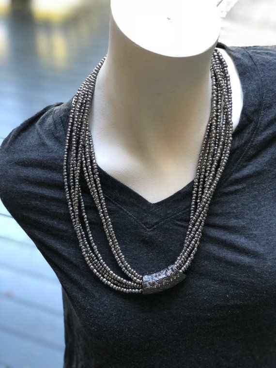 Long Statement Necklace Beaded Multi Strand Layered Chain Necklace Pearl Seed #5 Long Statement Necklace Beaded Multi Strand Layered Chain Necklace Pearl Seed #5