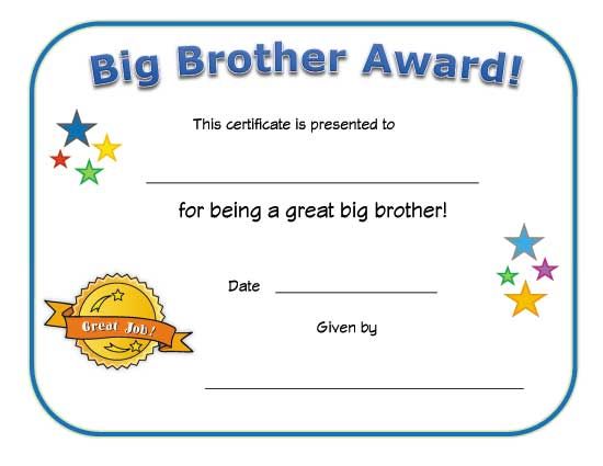 Big Brother Award Certificate Classroom awards certificates, School Big Brother Award Certificate Classroom awards certificates, School