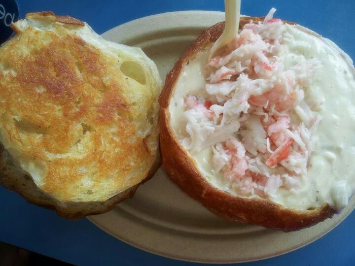 Splash cafe clam chowder bread bowl with seafood topping Splash cafe clam chowder bread bowl with seafood topping