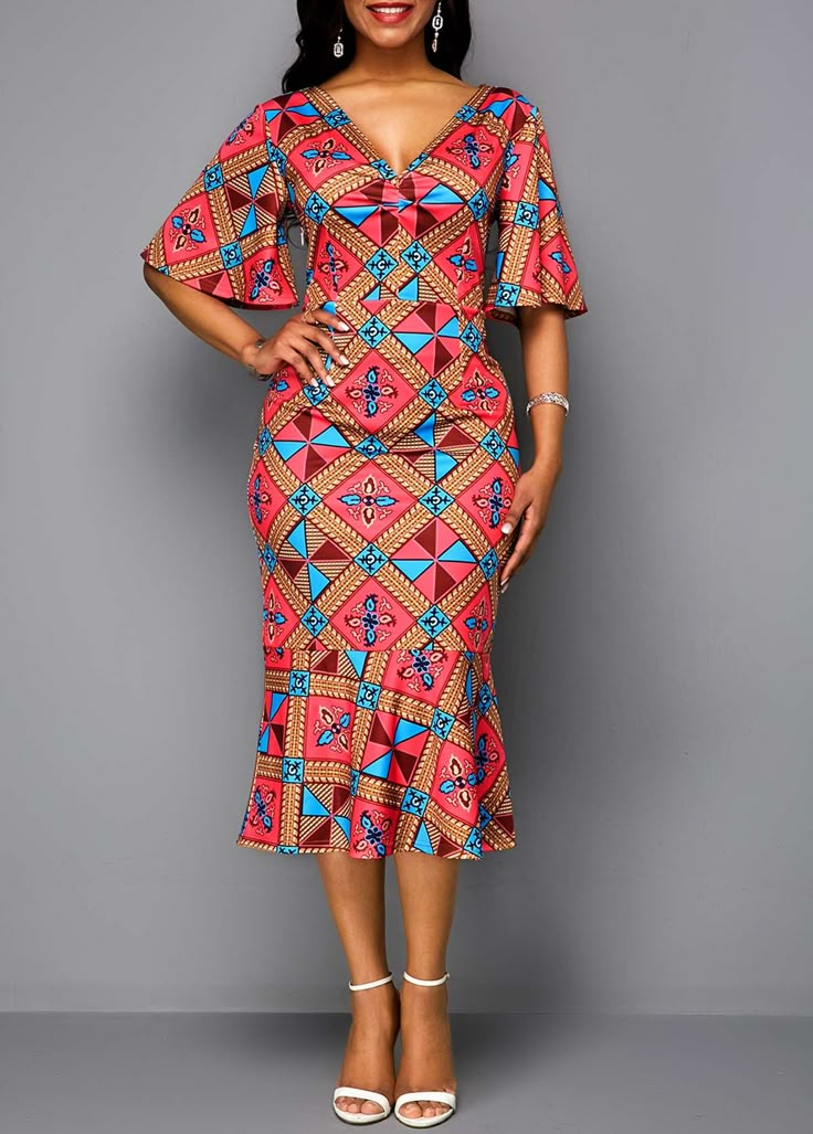 Tribal Print Butterfly Sleeve V Neck Dress | Rotita.com - USD $32.97 African Print Dress Designs, African Print Fashion Dresses, Long African Dresses, African Dresses Modern, African Dresses For Women, African Fabric Dress, Short African Dresses, African Fashion Ankara, African Fashion Skirts