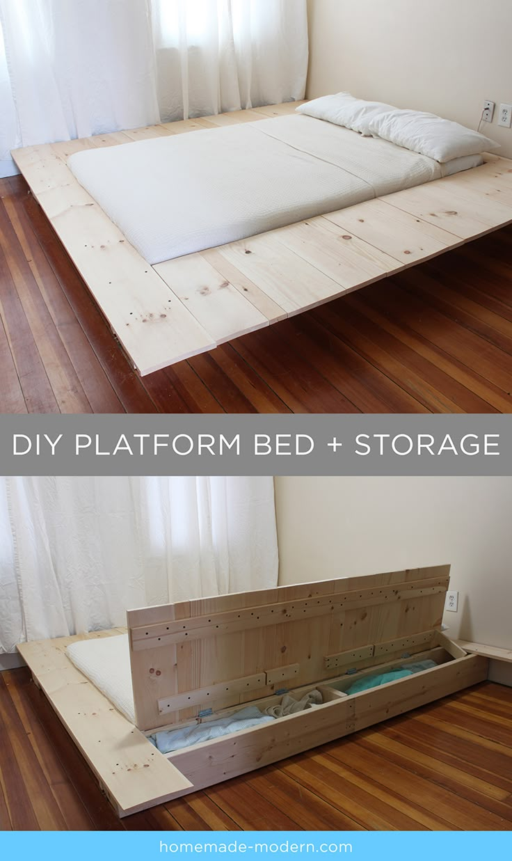 the diy platform bed and storage unit is made from plywood planks that have been placed together