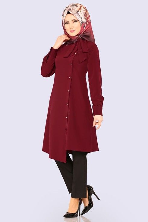 Modaselvim Tunik Yandan Dugmeli Tesettur Tunik Pl868 Bordo Coat Fashion Peacoat