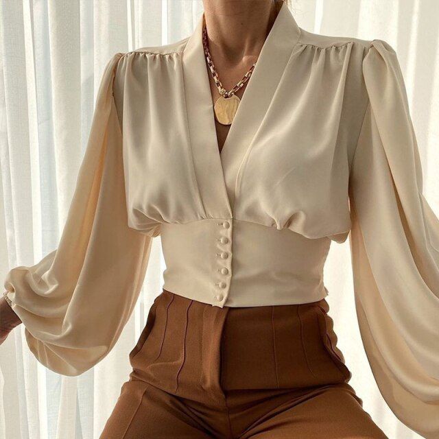 Annees 70 Chemisier Manches Bouffantes Retro Automne XXXL Beige