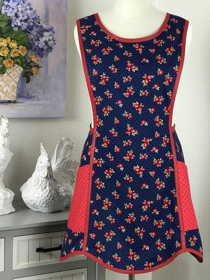 Cross Back Pinafore Apron Plus Size Apron For Women Farmhouse Apron In Red And Blue Floral