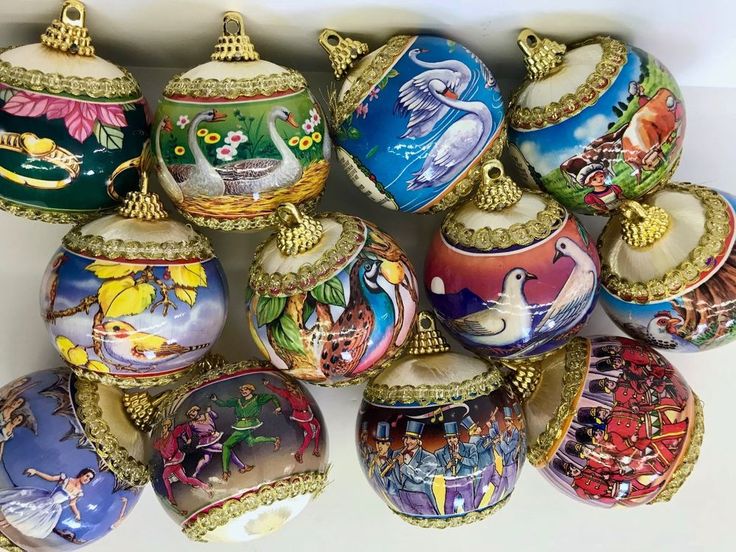 Vintage 12 Days of Christmas Ornaments Satin Ball Gold Trim Colorful