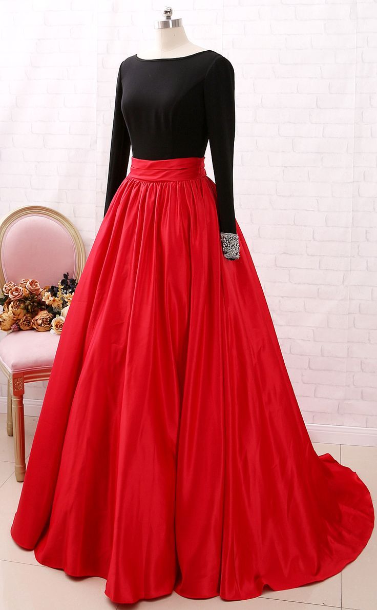 MACloth Long Sleeves Beaded Black Red Ball Gown Prom Dress Formal