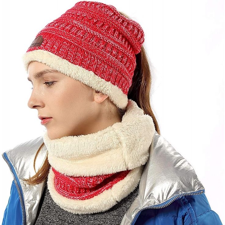 Ponytail Beanie Knit Infinity Scarf Set Womens/Girls Fuzzy Lined Messy High Bun Cap Circle Scarves Ponytail Beanie Knit Infinity Scarf Set Womens/Girls Fuzzy Lined Messy High Bun Cap Circle Scarves