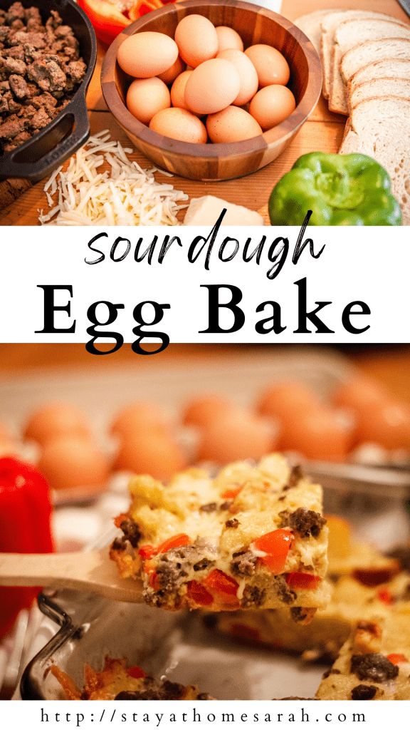 an egg bake is shown with eggs in the background