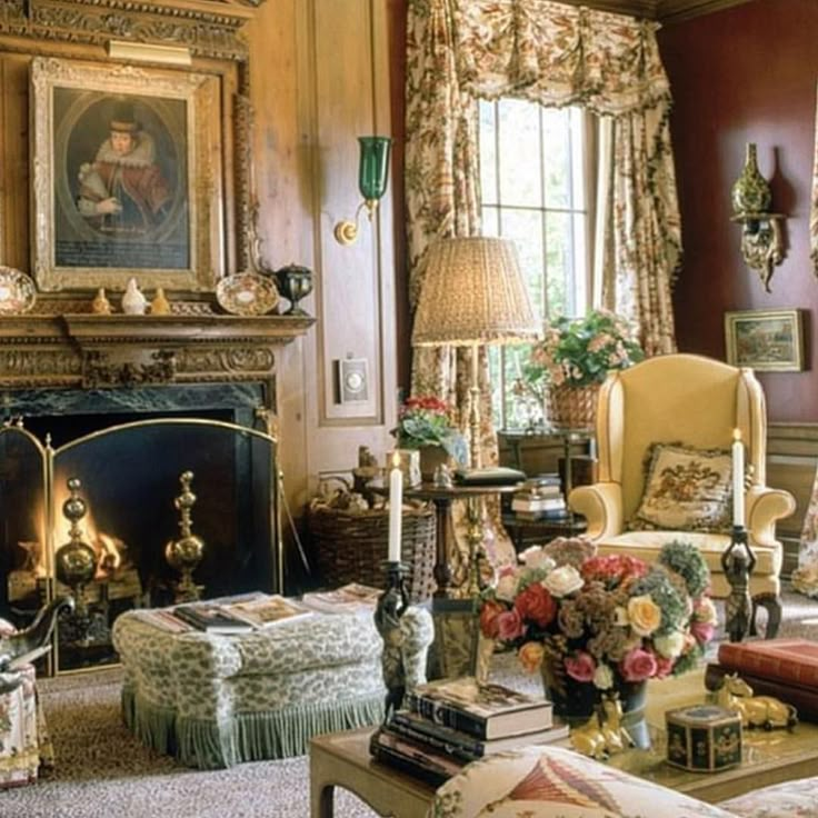 a living room filled with furniture and a chandelier hanging from the ceiling over a fire place