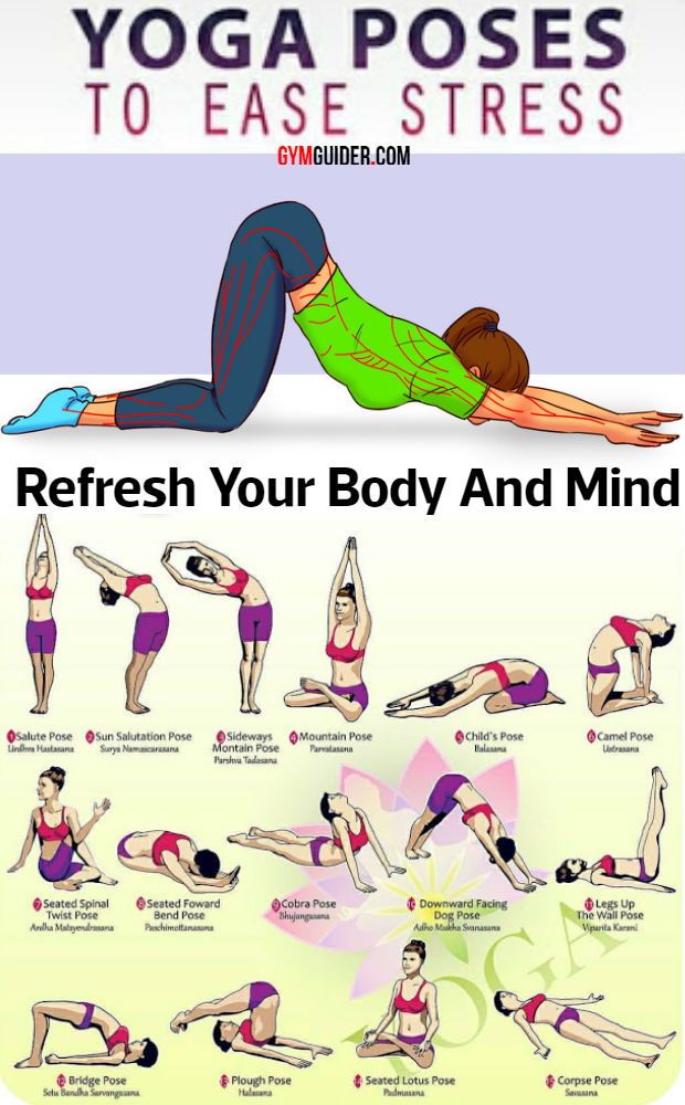 a woman doing yoga poses to ease her body and mind with the words refresh your body and mind