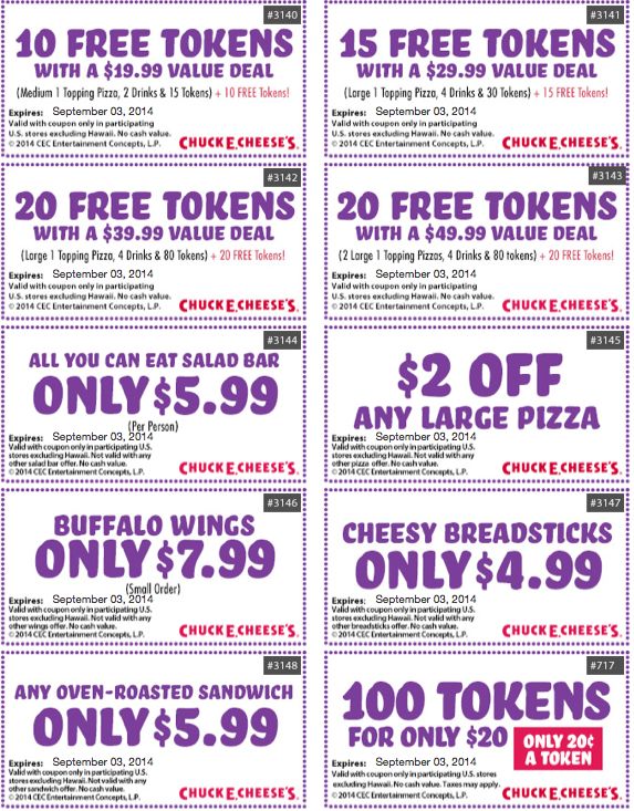 How to use a Chuck E. Cheese's coupon Oct 01, · 8 Chuck E Cheese’s Coupons Printable & Mobile: Print coupons or show on mobile device to get 1 medium pizza and 2 drinks for only $, play points for $20 and more. (December) Chuck E Cheese’s Special Offers Official Chuck E Cheese deals page/5(51).