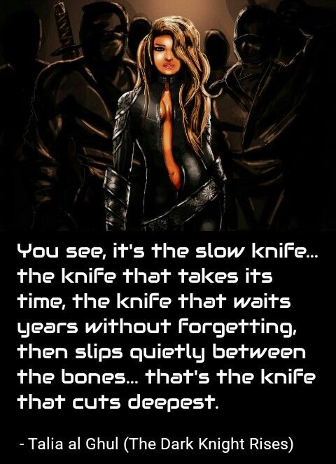 The Dark Knight Rises The Slow Knife a woman standing in front of some black figures with a caption that