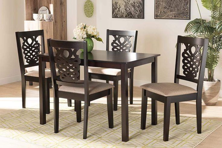 Gervais Modern And Contemporary Sand Fabric Upholstered Dark Brown Finished Wood 5 Piece Dining Set Finished Wood 5 Piece Dining Set, Formal Dining Room Sets Nebraska Furniture Mart