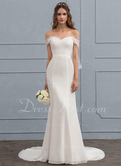 Trumpet/Mermaid Off-the-Shoulder Court Train Chiffon Lace Wedding Dress With Bea… Trumpet/Mermaid Off-the-Shoulder Court Train Chiffon Lace Wedding Dress With Bea…