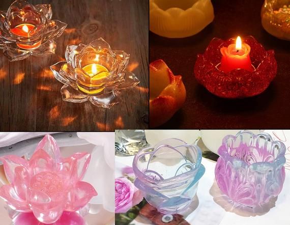 Resin Lotus Flower Candle HolderTrinket Tray with Mini Candles