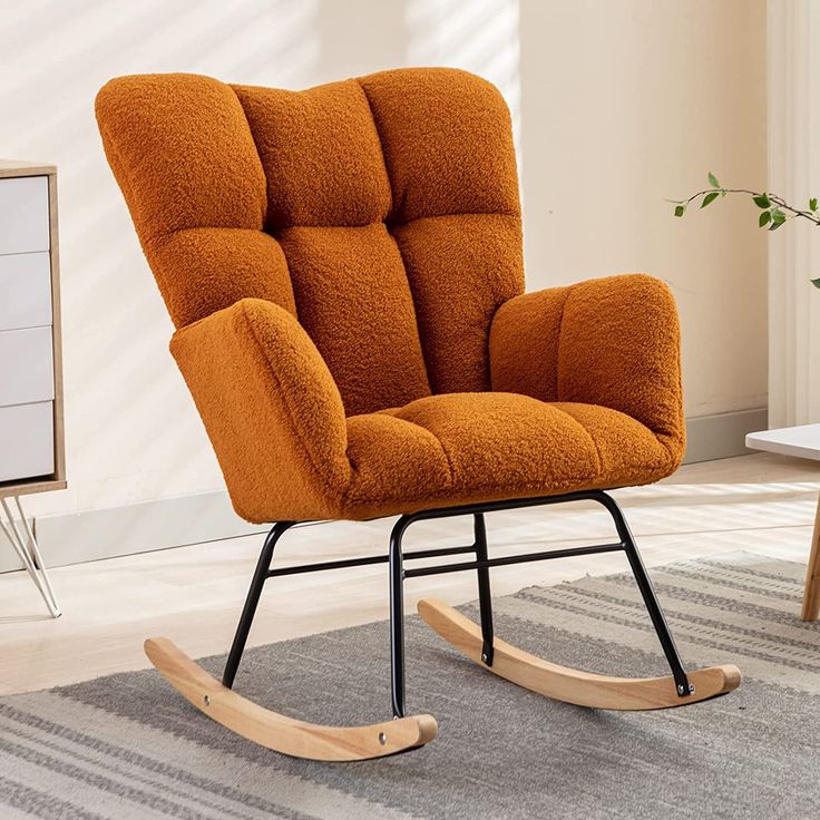 NIOIIKIT Nursery Rocking Chair Teddy Upholstered Glider Rocker Rocking Accent Chair Padded Seat with High Backrest Armchair Comfy Side Chair for Living Room Bedroom Offices Ivory Teddy