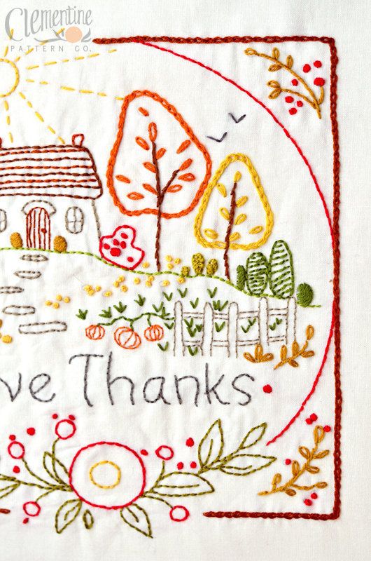 Give Thanks Autumn 100 Cotton Embroidery Pattern Thanksgiving Embroidery Patterns Redwork Patterns Tea Towels Embroidery