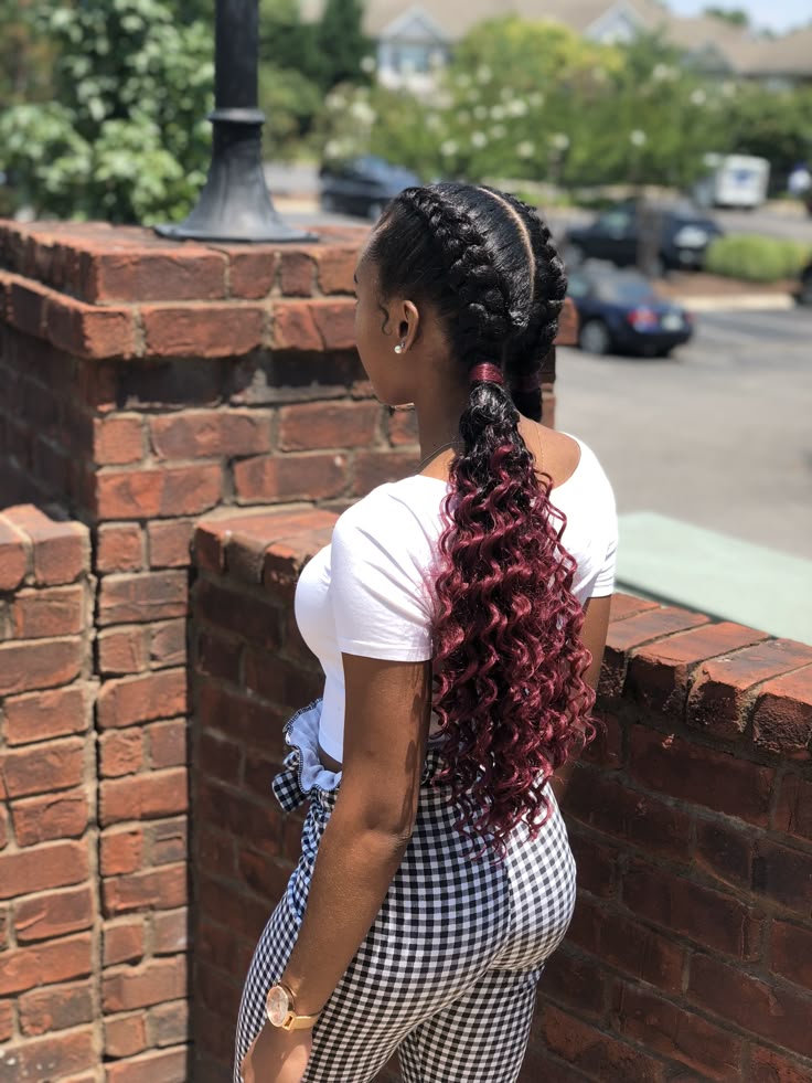 Two feed in Dutch braids to curly ombré burgundy ponytail | Feed in