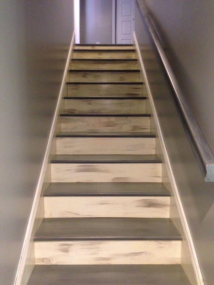 Gray/Creme Distressed Stairs | Redo stairs, Dark wood floors, Stairs