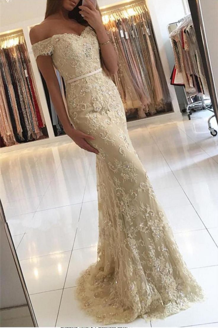 Incredibly Gold Off Shoulder Lace Mermaid Evening Prom Dresses, Sexy Gold Lace Party Prom D…