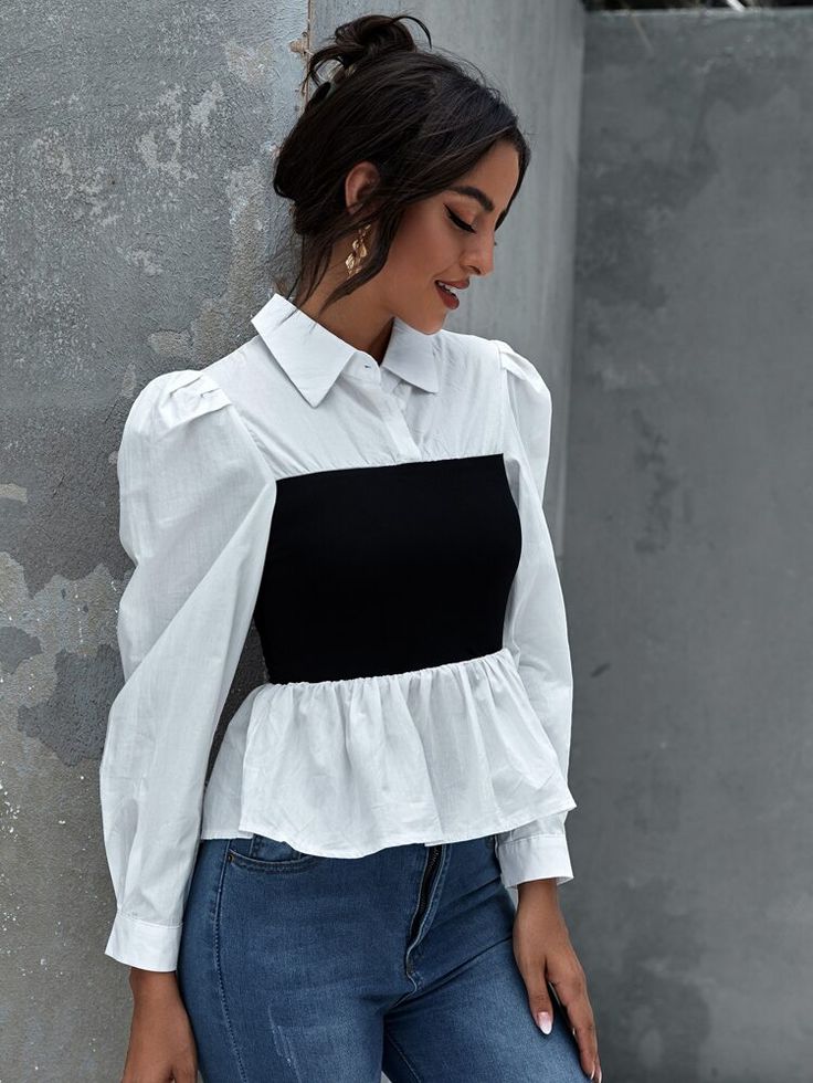 Download Gigot Sleeve Two Tone Peplum Top | SHEIN UK | Fashionista clothes, Hijab style casual, Cropped ...