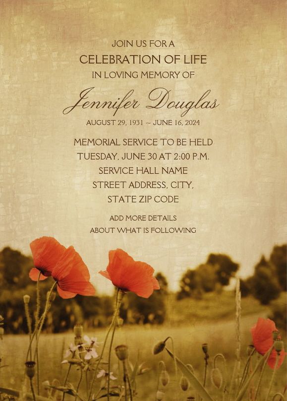 Country Poppy Field Memorial Service Invitations - Vintage rustic style memorial service or funeral invitations that you can order online. Featuring a beautiful Poppy meadow with red poppies. A beautiful typography that is easily customized for celebration the life and in loving memory of your loved one. You can change the text and it's color to your favorite. Order one invitation sample first to see if it's right for your memorial service. Fully customized online. More at http://superdazzle.com