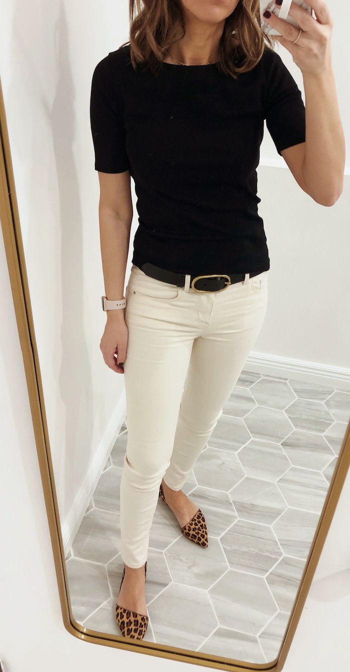 black top + white jeans + leopard flats