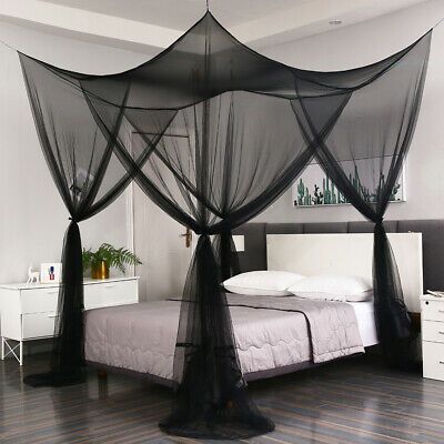 Black 4 Corner Post Mosquito Net Curtain Bed Canopy Outdoor Indoor Fit All Sizes Curtains King Sized Bedroom Mosquito Net Curtain Bed Canopy Outdoor, Outdoor Canopy Bed Curtains