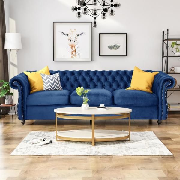Noble House Somerville Chesterfield Navy Blue And Dark Brown Sofa 65582 The Home Depot Blue Sofas Living Room Blue Sofa Living Blue Couch Living Room