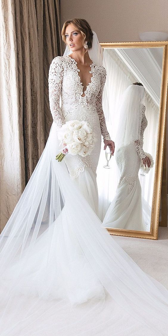Mermaid Sheer Long Sleeve Lace Wedding Dresses Sheer Neckline Bridal Gowns on St… Mermaid Sheer Long Sleeve Lace Wedding Dresses Sheer Neckline Bridal Gowns on St…