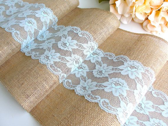Burlap Table Runner Wedding Pastel Turquoise Lace Rustic Decor Handmade In The USA Burlap Table Runner Wedding Pastel Turquoise Lace Rustic Decor Handmade In The USA