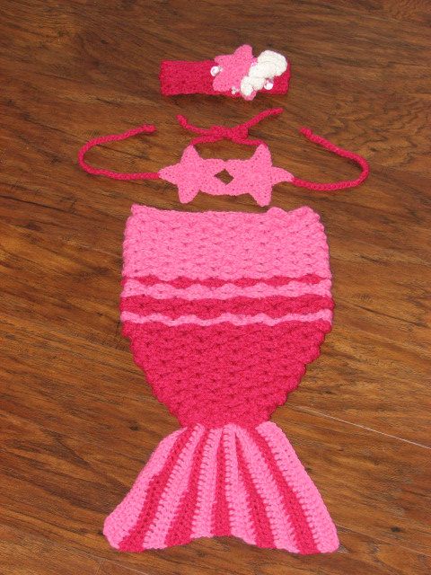 Crochet Baby (0-3 Months) Mermaid Tail Cocoon with Starfish Bikini Top & Starfis...