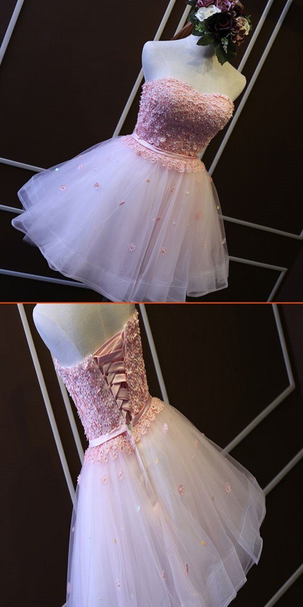 Newest Pink Short Homecoming Dresses With Appliques,Lace Strapless Homecoming Dr...